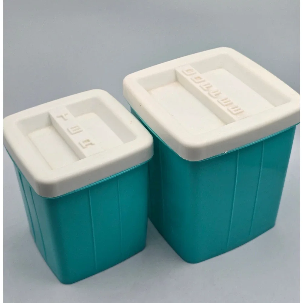 Vintage 70s Canister Set of 2 Teal Retro Tea Coffee Plastic Kitchen Storage MCM